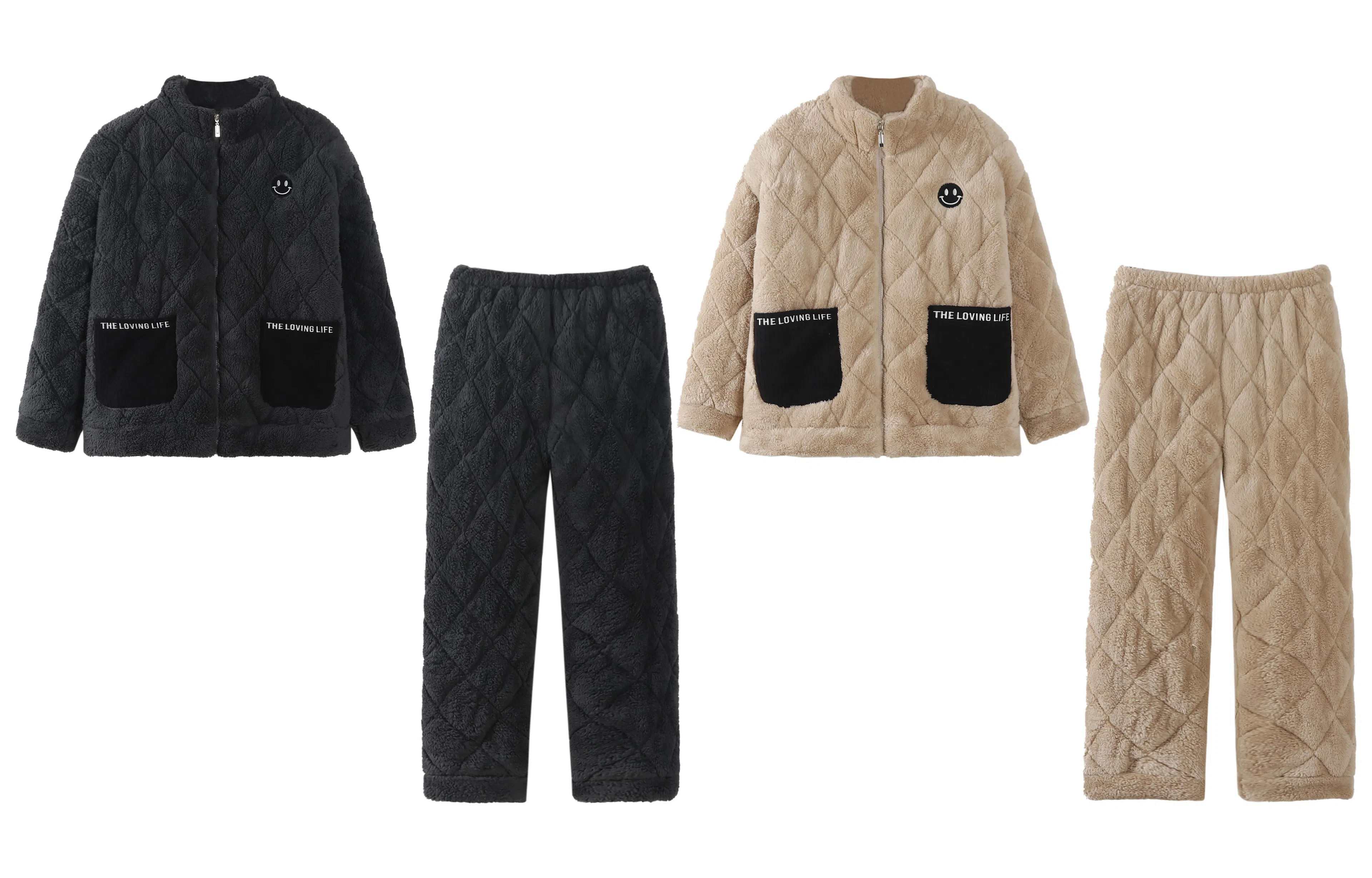 小情歌 暖洋洋的加厚珊瑚绒三层夹棉保暖睡衣男秋冬家居服男冬季长袖长裤男士女士高领超厚可外穿家居套装 情侣款 卡其色+黑色