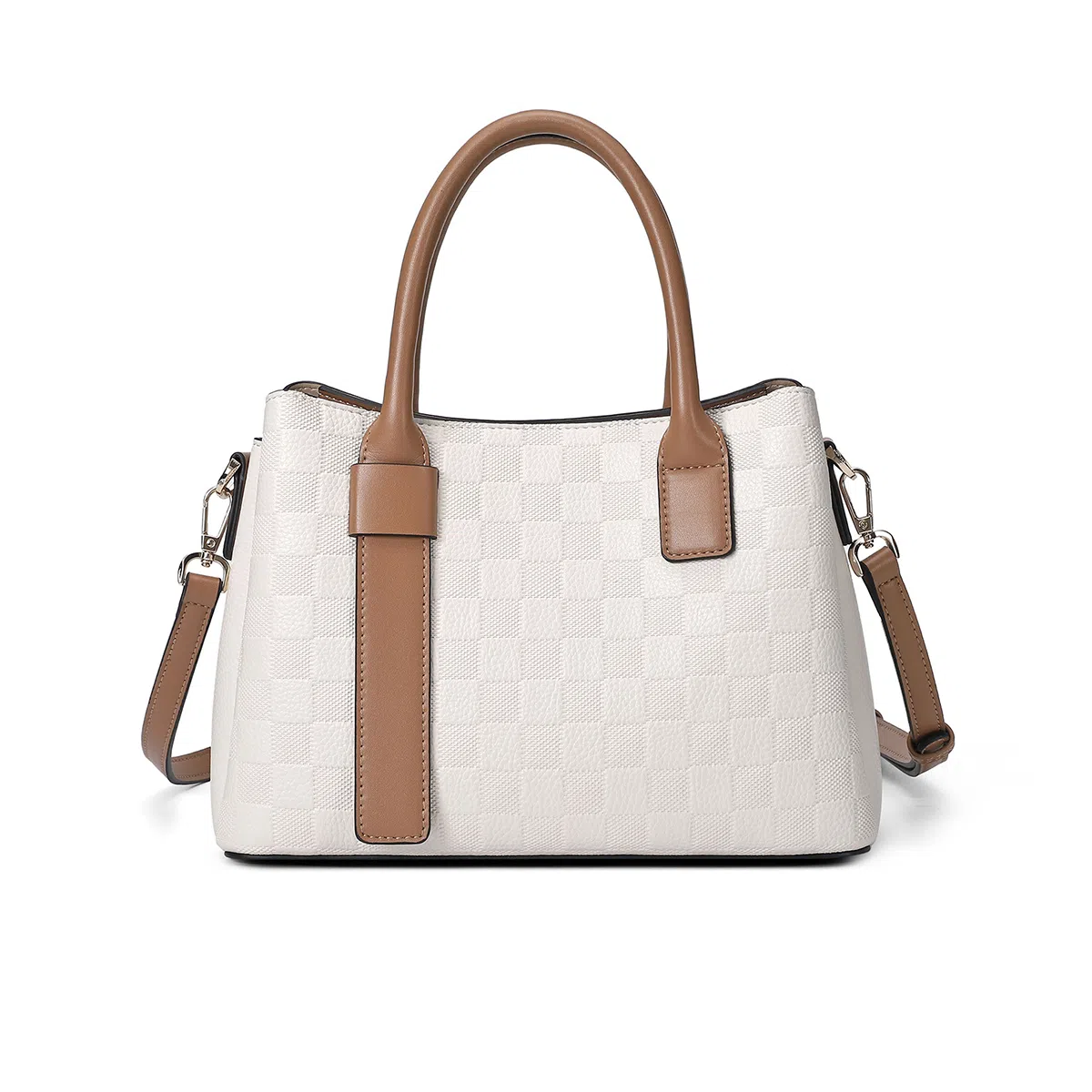 稻草人 时髦棋盘格纹理大容量撞色 聚氨酯 通勤包单肩斜挎手提包 常规 女款 奶茶色/米白