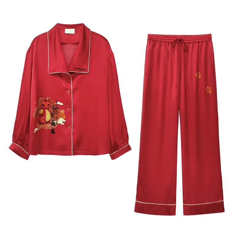 桑罗  真丝睡衣家居套装新中式新年本命年红红色睡衣 翻领 正红家居服 女款新年新衣新年战袍