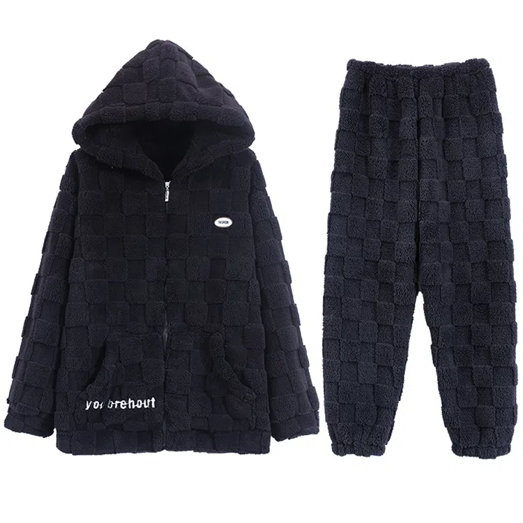 兰缪 秋冬季珊瑚绒睡衣 加厚加绒家居服 家居套装  男款  黑色