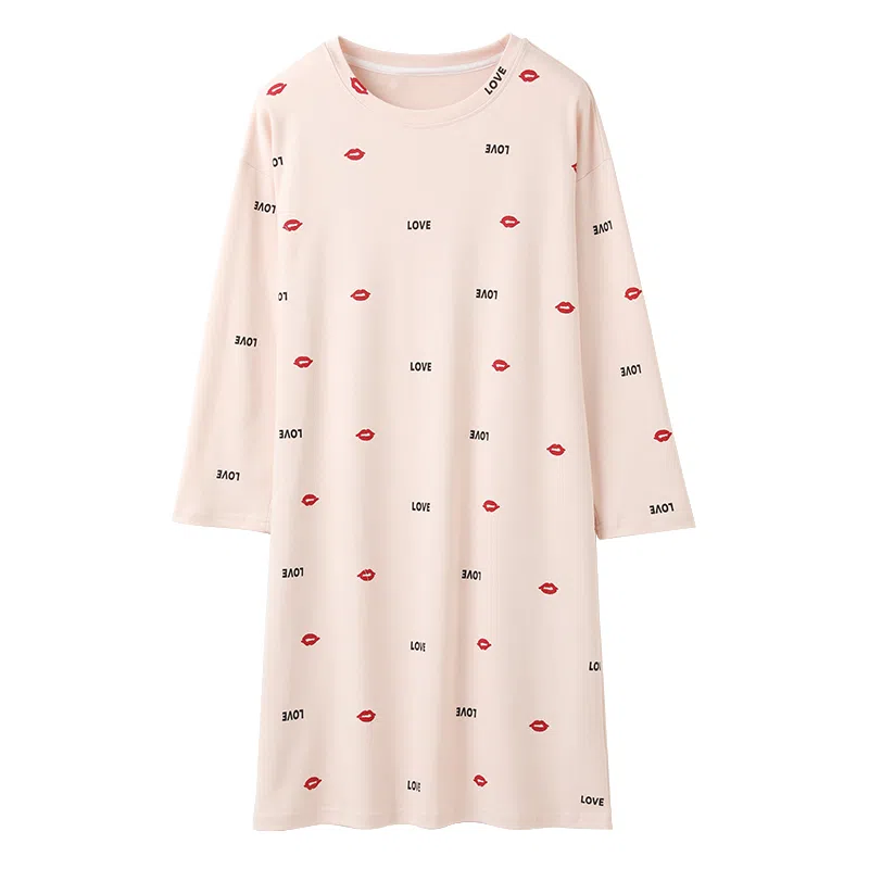 Huggy Kissy Long Sleeve Cotton Nightdress Gray Pink