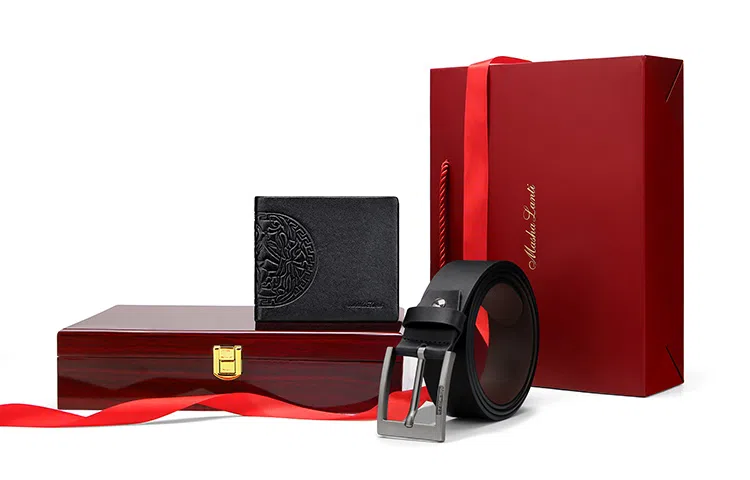 马莎兰缇 中国风印花超薄 纯色自动扣皮带 皮带组合套装 代写贺卡高档礼盒 头层牛皮 钱包 常规 男款 黑色