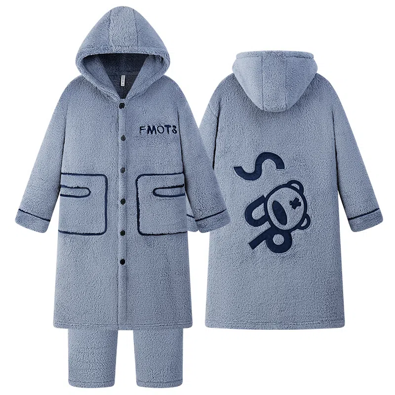 兰缪 秋冬季珊瑚绒男生 睡衣 卡通大象加厚加绒可外穿家居服睡衣套装 男款 黑色