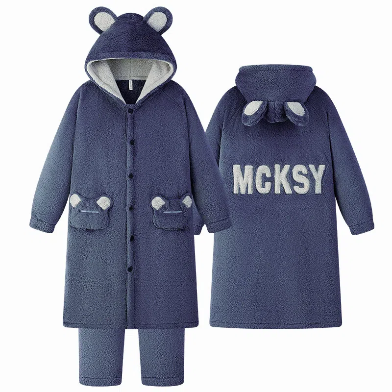 兰缪 秋冬季珊瑚绒男生 睡衣 卡通大象加厚加绒可外穿家居服睡衣套装 男款 黑色