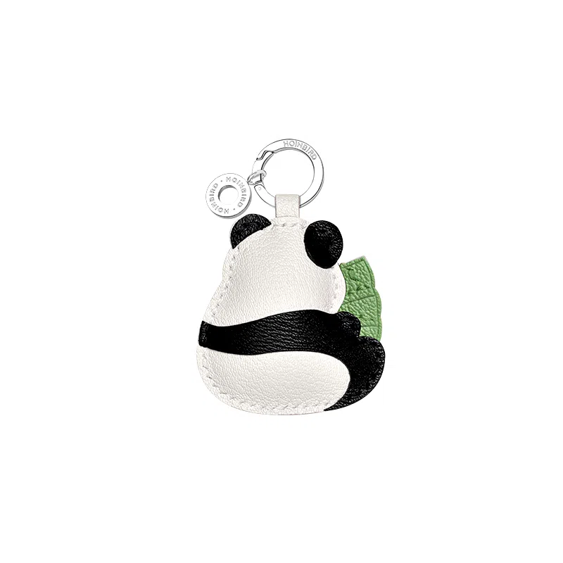 后鸟 可爱大熊猫啃竹子竹笋 羊皮 挂件 男女同款情侣款 黑白