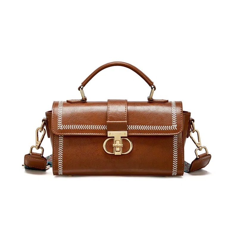 红蜻蜓 经典复古风秋冬季 时尚 牛皮 小方包斜挎包 小号 女款 焦糖色