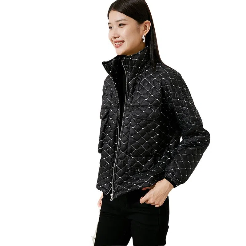 晚白 格子立领休闲长袖棉服 女款 黑色