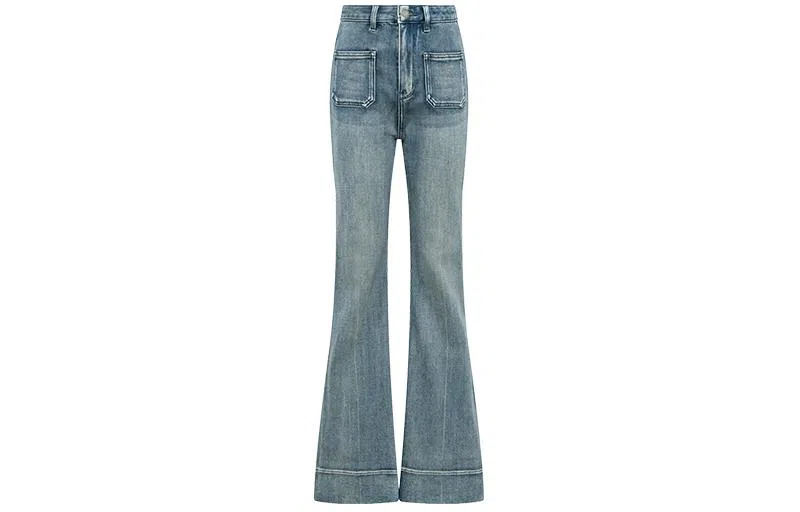 美洋 纯色高腰拉链喇叭牛仔裤 女款 蓝色