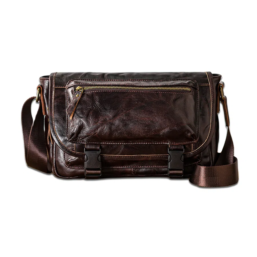 后步 小众系列原创设计风时尚百搭通勤横款复古休闲个性潮流 头层植鞣牛皮真皮 单肩斜挎包邮差包 常规 男女同款情侣款 黑色