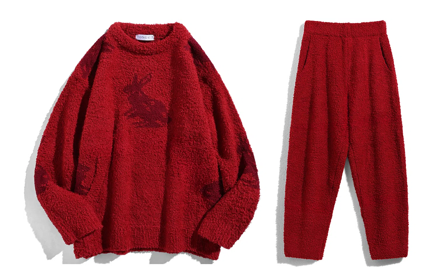 同语 本命年红色睡衣男秋冬珊瑚绒结婚套装半边绒加厚加绒男士家居服 家居套装 男款 勃艮第红