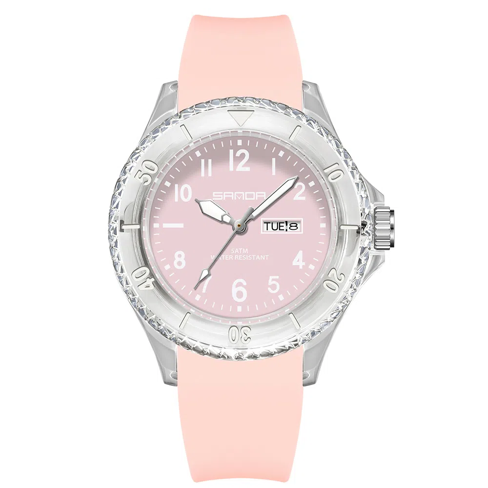 三达石英手表学生男女同款户外防水夜光简约可爱日历透明表壳国表 黑色表盘男女同款石英机芯