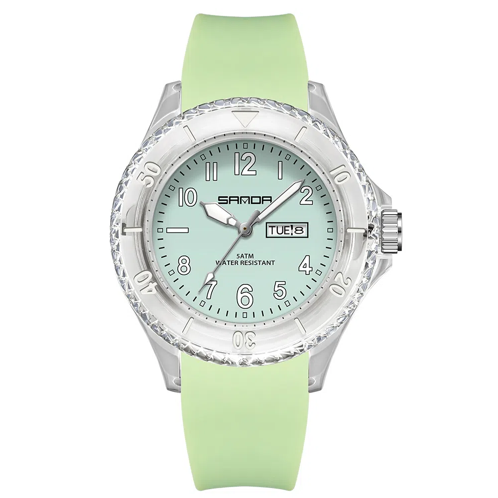 三达石英手表学生男女同款户外防水夜光简约可爱日历透明表壳国表 黑色表盘男女同款石英机芯