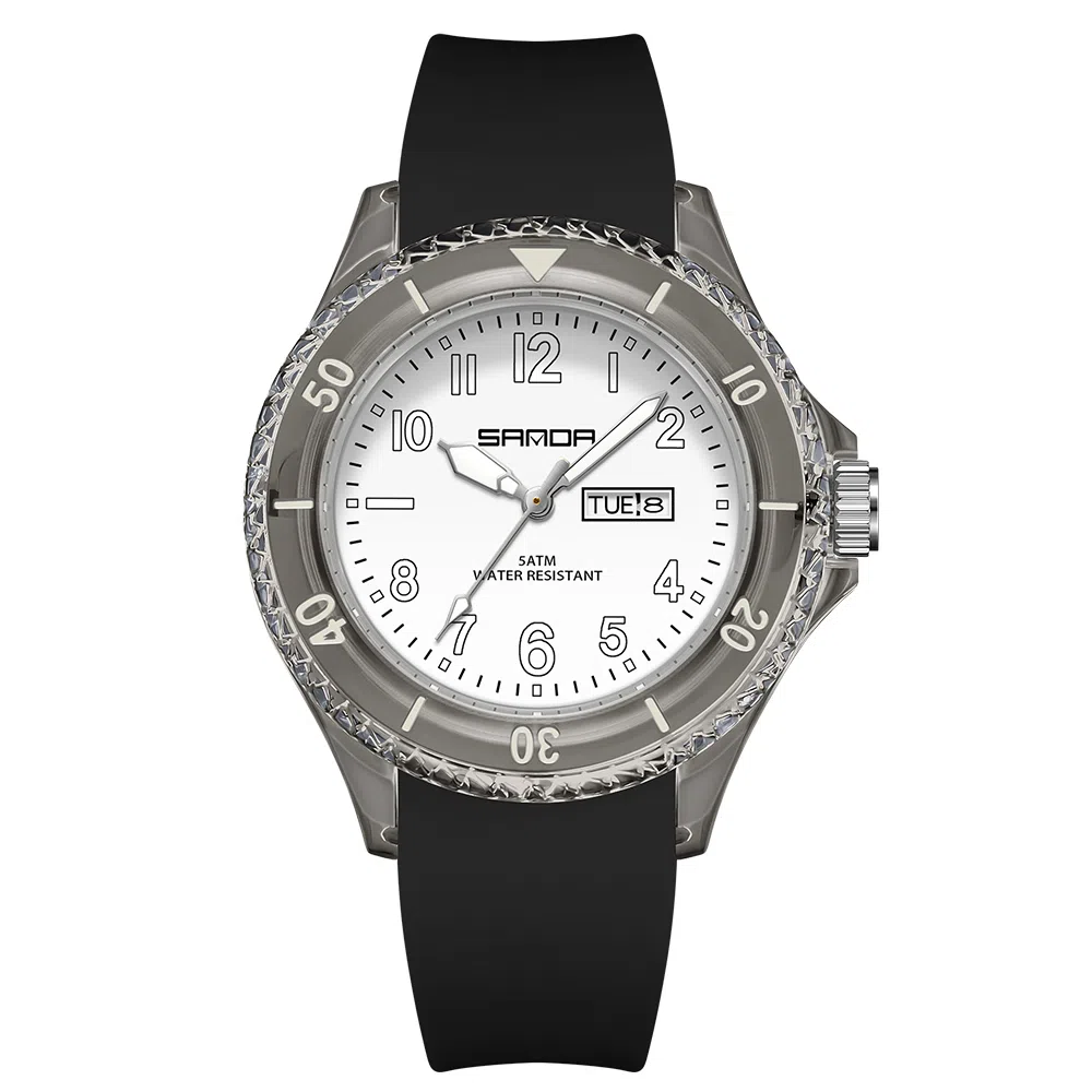 三达石英手表学生男女同款户外防水夜光简约可爱日历透明表壳国表 黑色表盘男女同款石英机芯