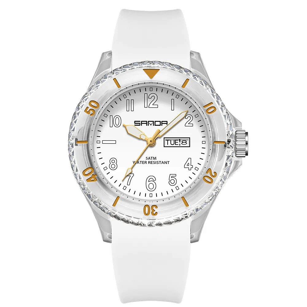 三达石英手表学生男女同款户外防水夜光简约可爱日历透明表壳国表 黑色表盘男女同款石英机芯