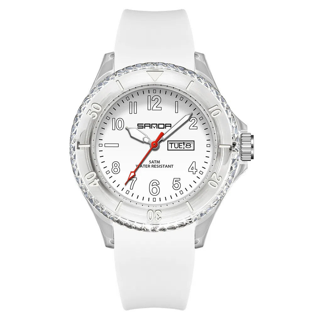 三达石英手表学生男女同款户外防水夜光简约可爱日历透明表壳国表 黑色表盘男女同款石英机芯