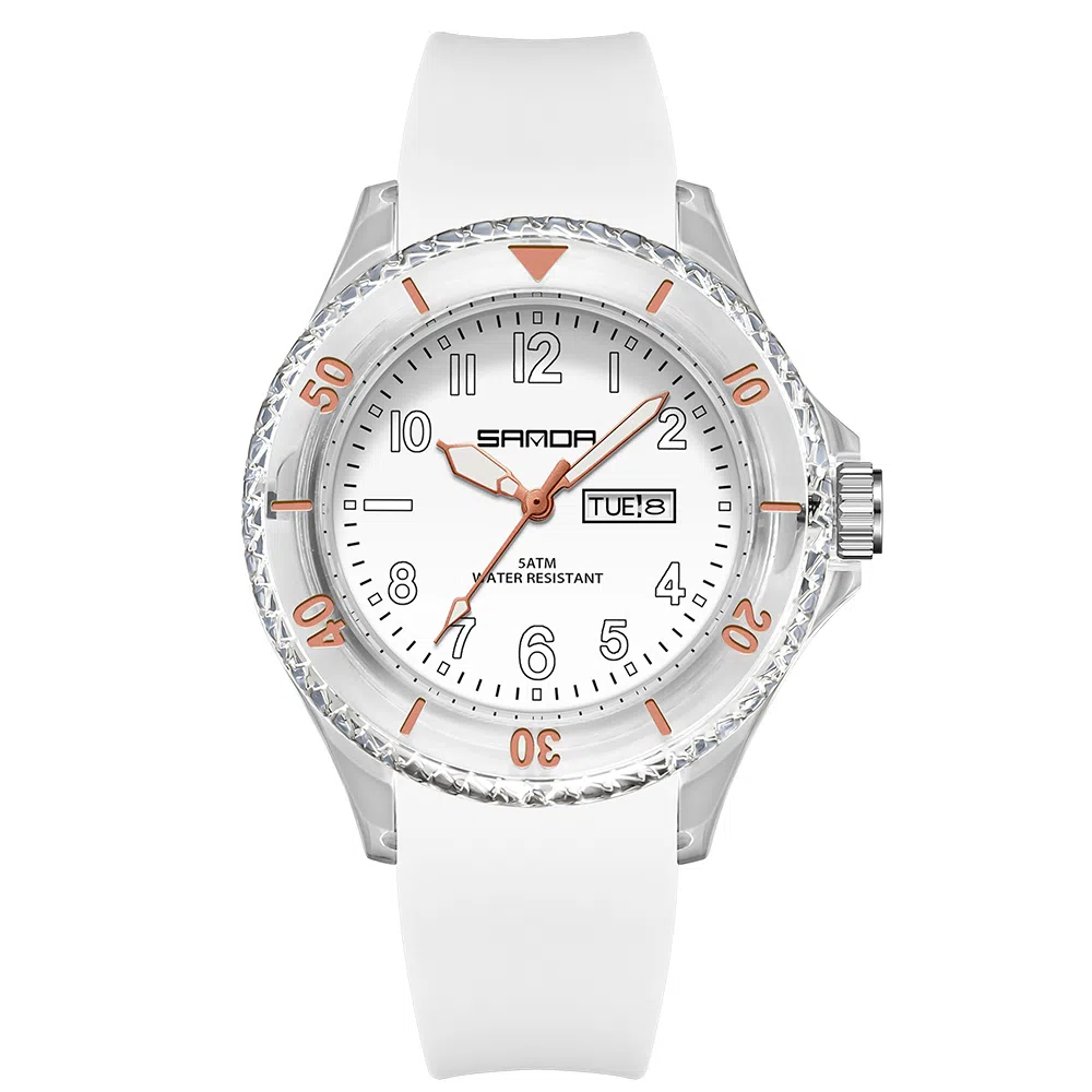 三达石英手表学生男女同款户外防水夜光简约可爱日历透明表壳国表 黑色表盘男女同款石英机芯