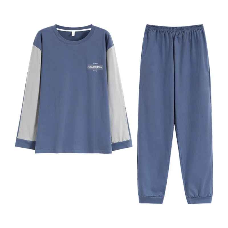 俏佳人 春秋季纯棉套头睡衣男士纯色休闲宽松可外穿青少年长袖长裤 家居套装  男款  灰蓝色