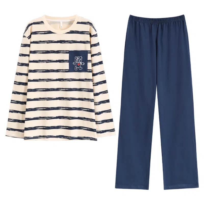 俏佳人 春秋季纯棉套头睡衣男士休闲宽松可外穿青少年长袖长裤 家居套装  男款  米白条纹