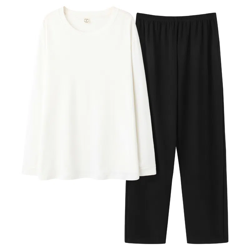 俏佳人 简约净色纯棉套头春秋季睡衣男士休闲宽松可外穿青少年长袖长裤 家居套装  男款  黑色 白色