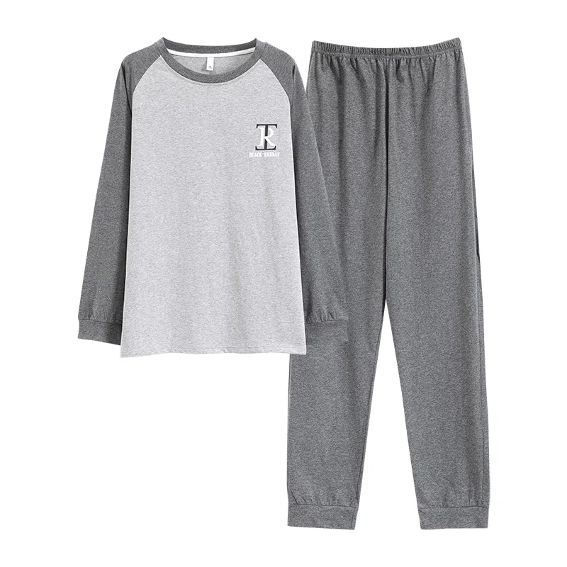 俏佳人 纯棉套头睡衣男士春秋季纯色简约休闲宽松可外穿青少年长袖长裤 家居套装  男款  灰色