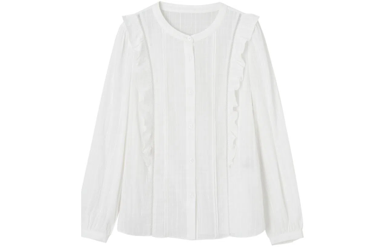 【dme】 时尚圆领气质休闲木耳边拼接法式长袖衬衫 女款 本白