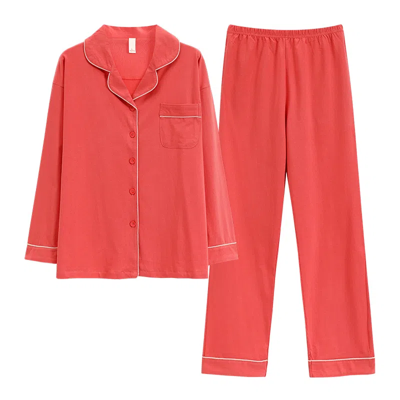 俏佳人 春秋季纯棉基础款开衫纽扣纯色睡衣女休闲长袖长裤宽松版可外穿 家居套装  女款  粉色
