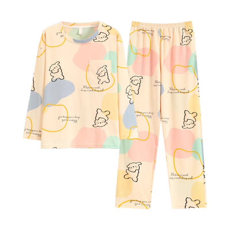 俏佳人 纯棉拼色免穿文胸睡衣女卡通长袖春秋季圆领套头柔软透气舒适带胸垫可外穿 家居套装  女款  杏色