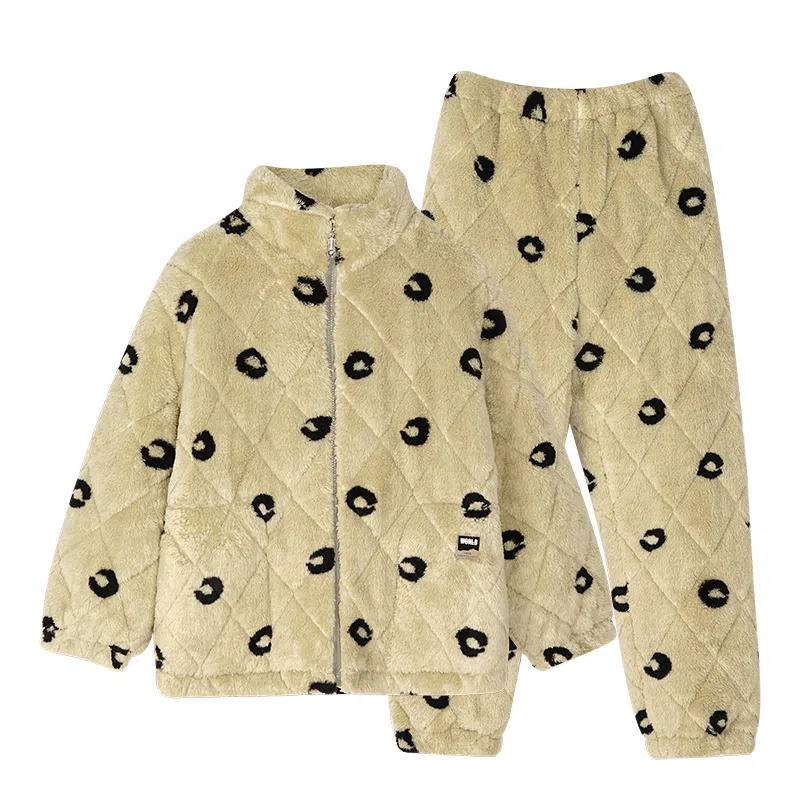 歌倩雅 三层夹棉珊瑚绒甜酷风拉链长袖上衣长裤睡衣套装 女款 豆绿