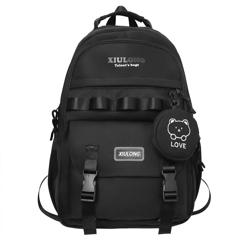 泰克森 校园韩版学生时尚可爱小清新初中生 尼龙 书包背包双肩包 大号 男女同款情侣款 黑色/绿色/卡其色/粉色/蓝色/紫色