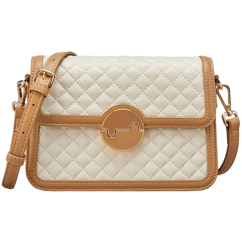 意尔康 休闲菱格 合成革 斜挎包 常规 女款 米白色/黑色