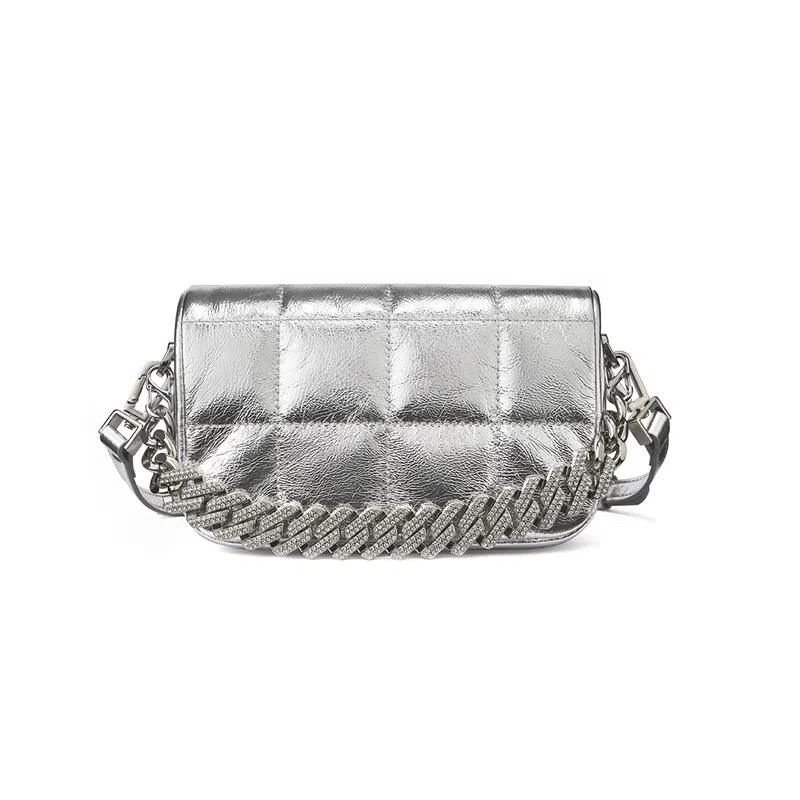 红蜻蜓 通勤小香风菱格链条百搭 牛皮拼超纤合成革 斜挎包 女款 黑色/银色