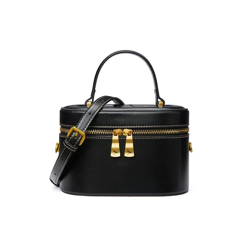 红蜻蜓 高级感复古潮时尚 牛皮拼超纤合成革 手提包 小号 女款 黑色