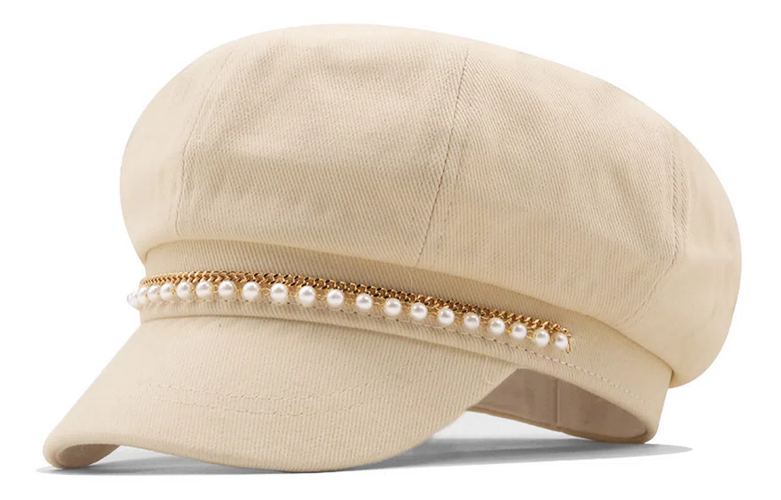 优幽兰 时尚复古 气质优雅大帽檐显脸小学生简约小众设计感珍珠点缀甜美遮阳 棉 贝蕾帽 女款 米色