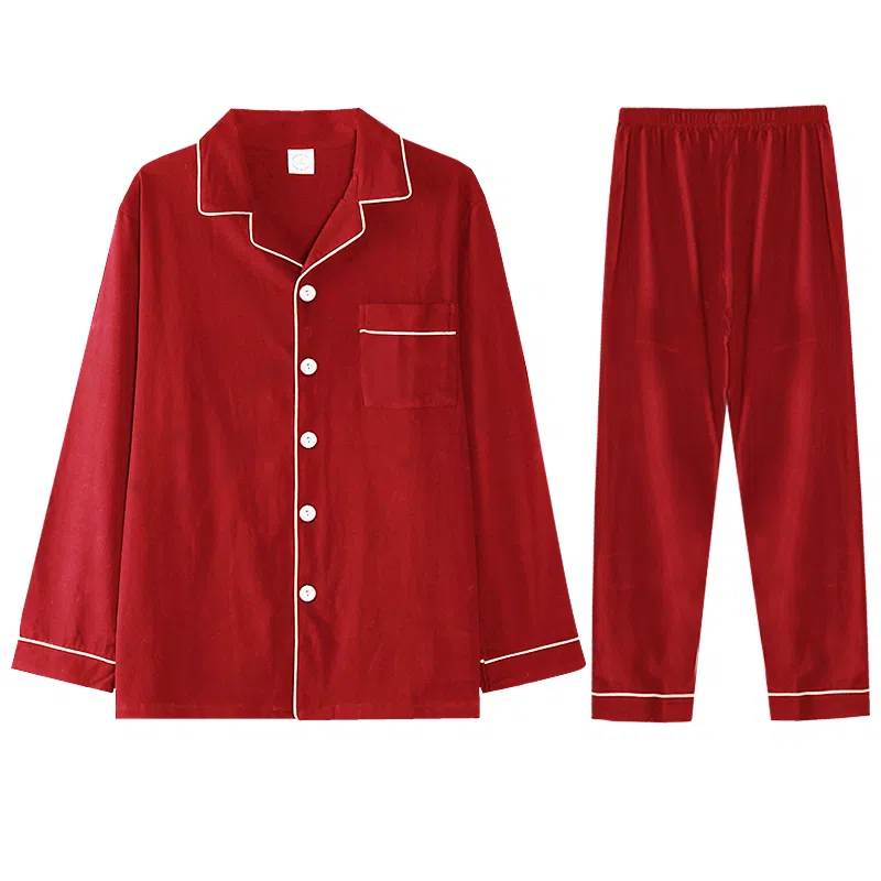 兰缪 简约单排扣长袖上衣松紧腰直筒长裤睡衣套装 女款 红色