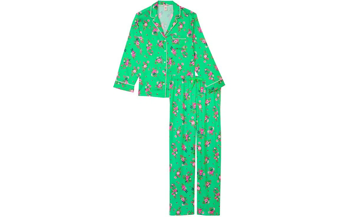 Victoria's Secret Satin Long Pajama Set Green Floral