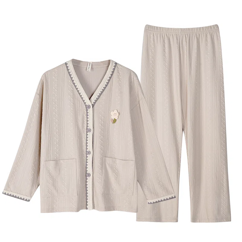 歌倩雅 拼色立体花卉刺绣长袖长裤可外穿睡衣套装 女款 杏咖