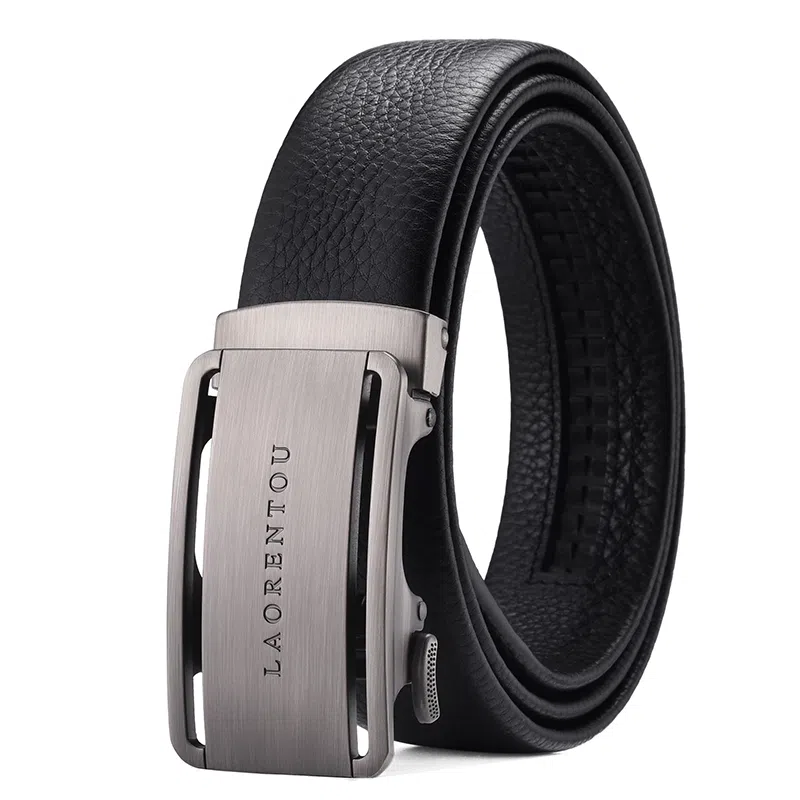 老人头 百搭极简设计休闲风 摔纹纹理 自动扣 牛皮革 皮带 男款 黑色