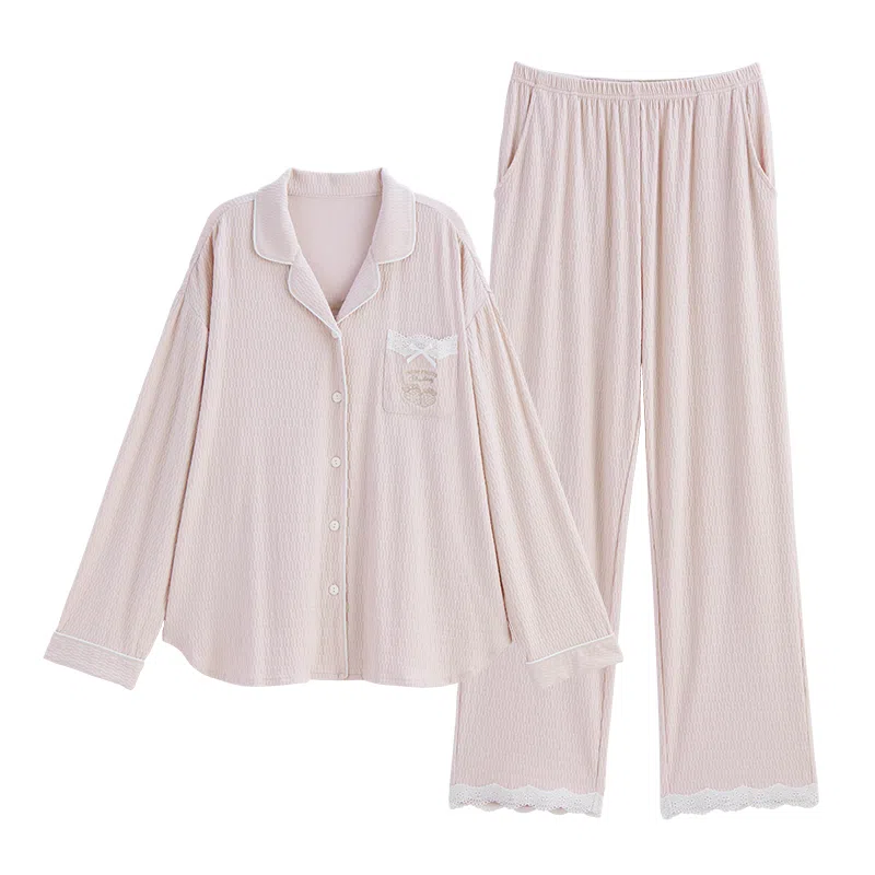 歌倩雅 简约单排扣休闲长袖上衣松紧腰直筒长裤睡衣套装 女款 粉色