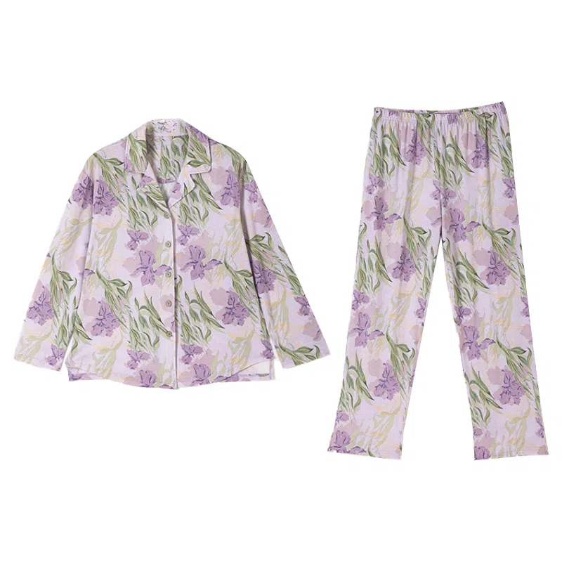 顶瓜瓜 舒适透气印花翻领长袖上衣松紧腰长裤睡衣套装 女款