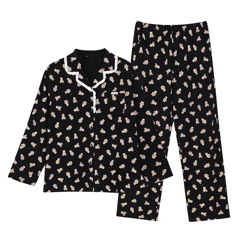 歌倩雅 翻领卡通满印上衣松紧直筒长裤睡衣套装 女款 黑色