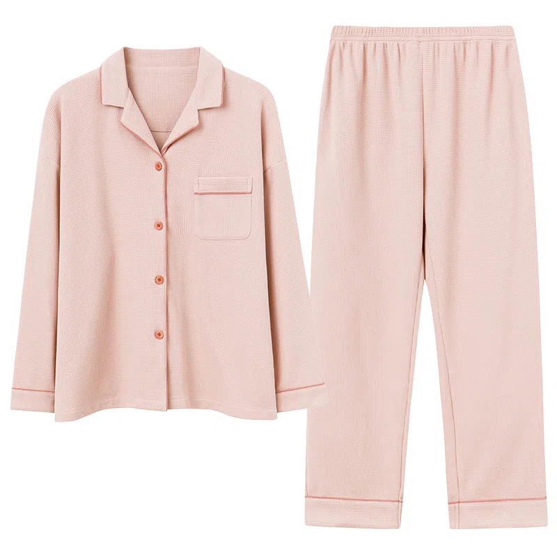 帕兰朵 纯色透气开衫上衣松紧长裤睡衣套装 女款 粉色