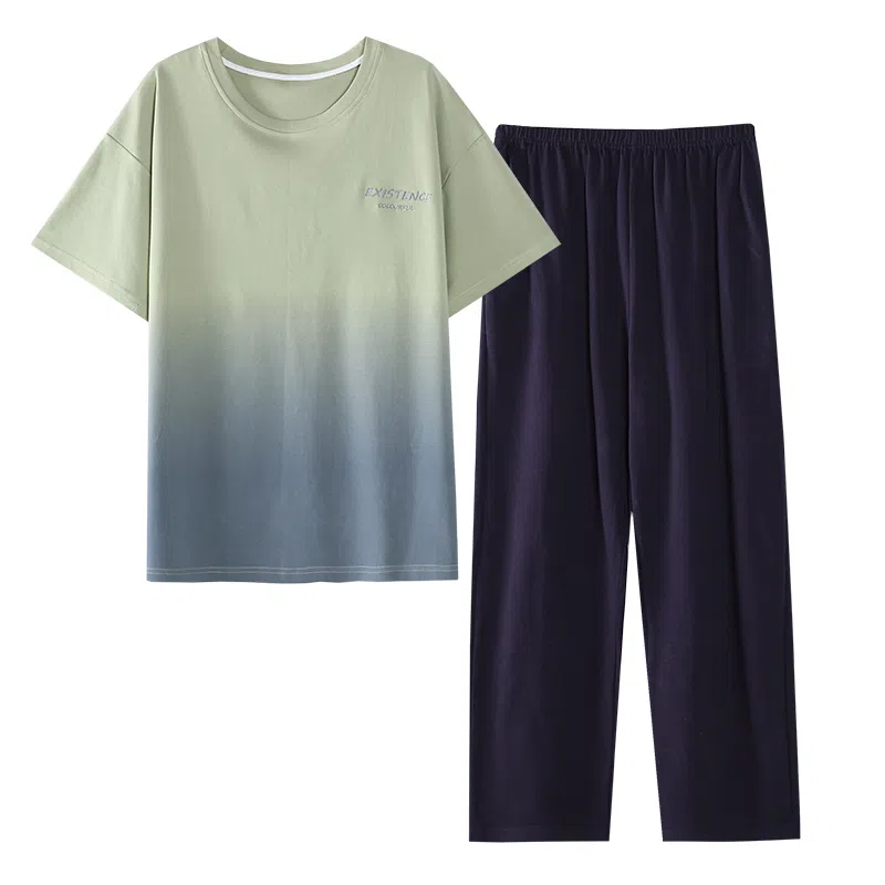 歌倩雅 渐变圆领套头短袖上衣松紧腰长裤睡衣套装 男款 浅绿色