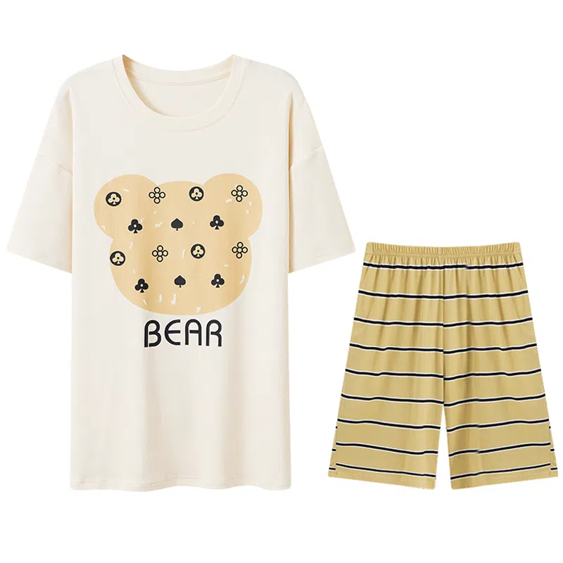 兰缪 卡通印花圆领套头短袖上衣松紧腰短裤睡衣套装 男款 杏色