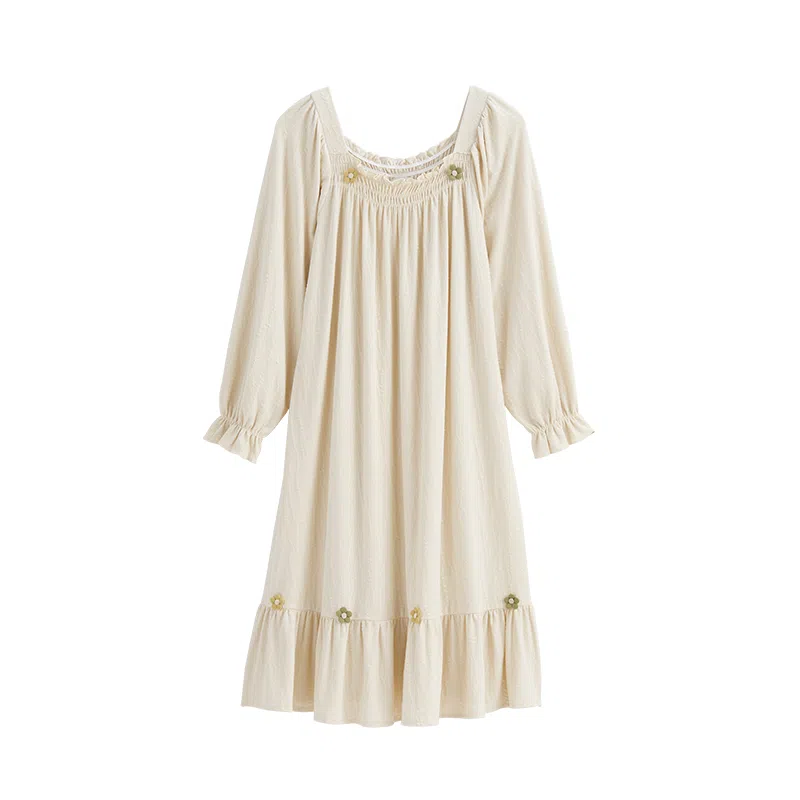 歌倩雅 清新甜美可外穿长袖睡裙 女款 浅杏