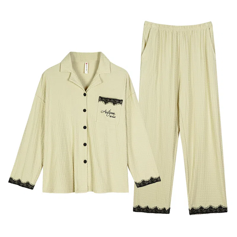 歌倩雅 纯色翻领单排扣上衣松紧腰长裤睡衣套装 女款 浅绿