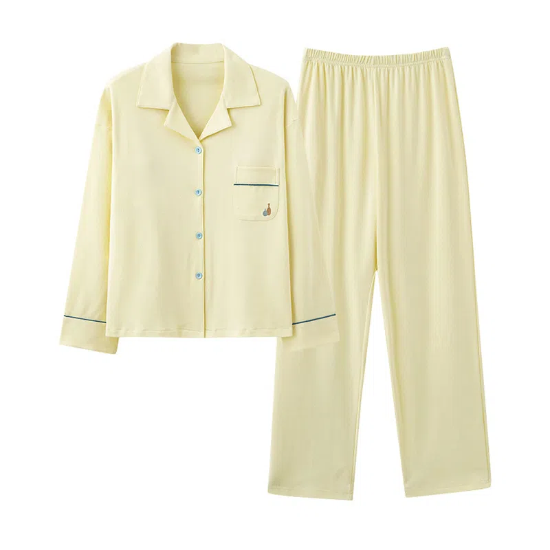 欧迪芬 简约单排扣翻领长袖上衣松紧腰直筒长裤睡衣套装 女款 淡黄色