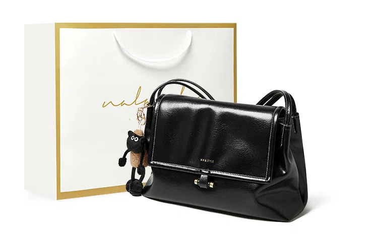 纳兰杜 高级感时尚单肩包百搭款大容量合成革通勤简约耐看腋下包牛皮斜挎单肩包 大号 女款 子夜黑/咖色