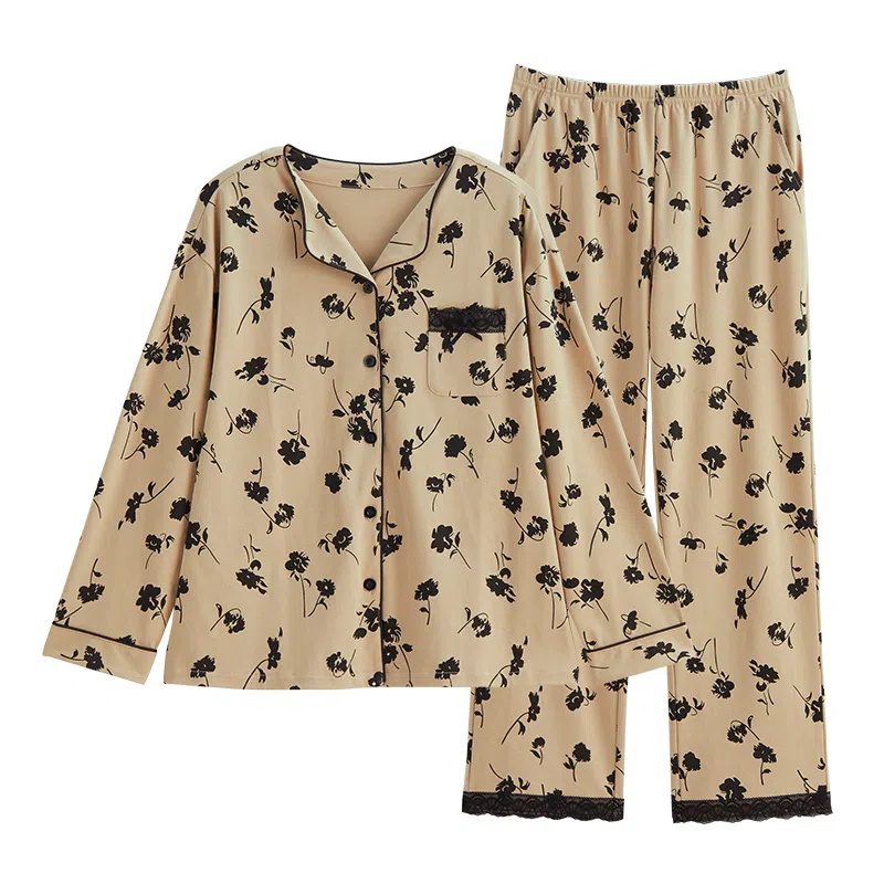 歌倩雅 简约可外穿长袖上衣松紧腰直筒长裤睡衣套装 女款 浅咖