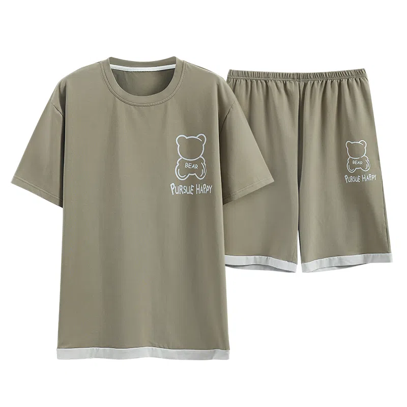 歌倩雅 圆领舒适短袖上衣柔软亲肤短裤睡衣套装 男款 灰绿