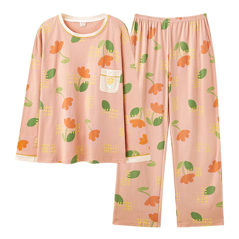 欧迪芬 高雅系列 可爱花朵印花图案带胸垫圆领套头上衣松紧腰长裤睡衣套装 女款 橘红色